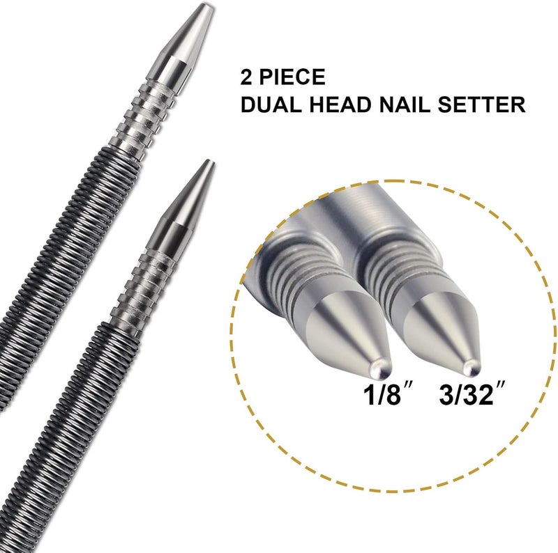 Pimio 2 Pieces Dual Head Nail Setter Spring Loaded Nail Set Spring Nail Punch Hammerless Tool Kit 3/32″& 1/8″ Tools 3500 PSI Striking Force Counter Punch - Image 3